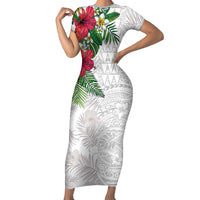 Hawaiian Tropical Plants Family Matching Short Sleeve Bodycon Dress and Hawaiian Shirt Kakau Tattoo and Polynesian Pattern Half White Color
