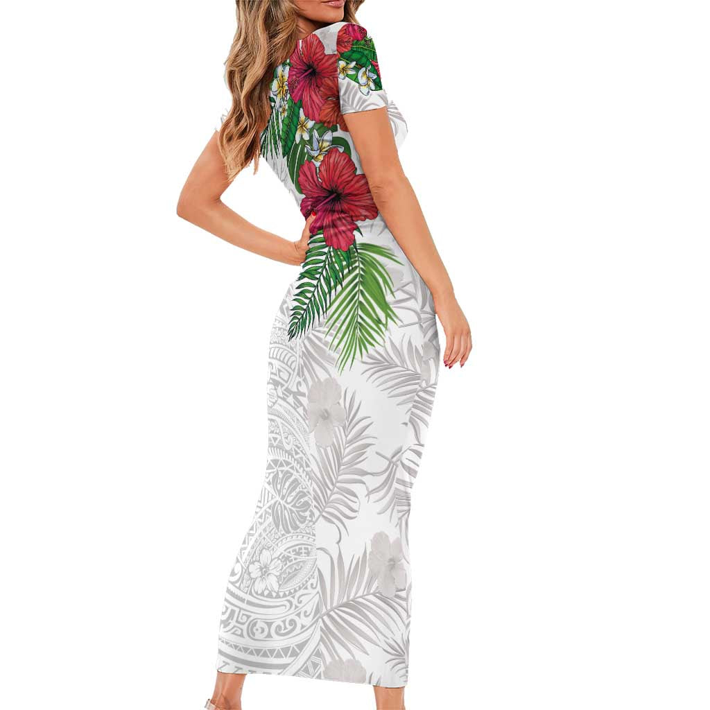 Hawaiian Tropical Plants Family Matching Short Sleeve Bodycon Dress and Hawaiian Shirt Kakau Tattoo and Polynesian Pattern Half White Color