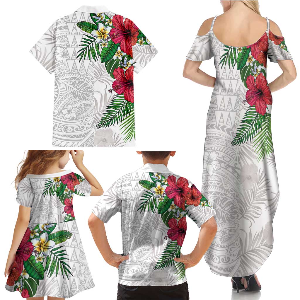 Hawaiian Tropical Plants Family Matching Summer Maxi Dress and Hawaiian Shirt Kakau Tattoo and Polynesian Pattern Half White Color