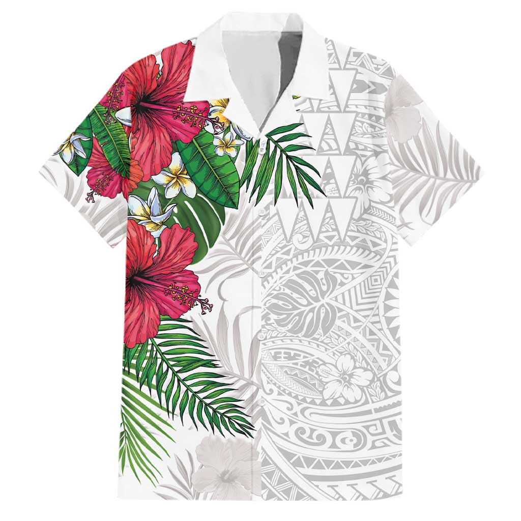 Hawaiian Tropical Plants Family Matching Summer Maxi Dress and Hawaiian Shirt Kakau Tattoo and Polynesian Pattern Half White Color