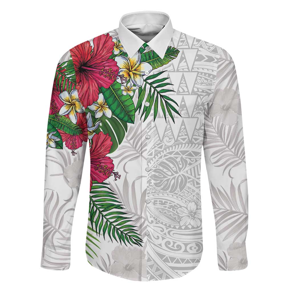 Hawaiian Tropical Plants Family Matching Summer Maxi Dress and Hawaiian Shirt Kakau Tattoo and Polynesian Pattern Half White Color