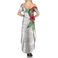 Hawaiian Tropical Plants Family Matching Summer Maxi Dress and Hawaiian Shirt Kakau Tattoo and Polynesian Pattern Half White Color