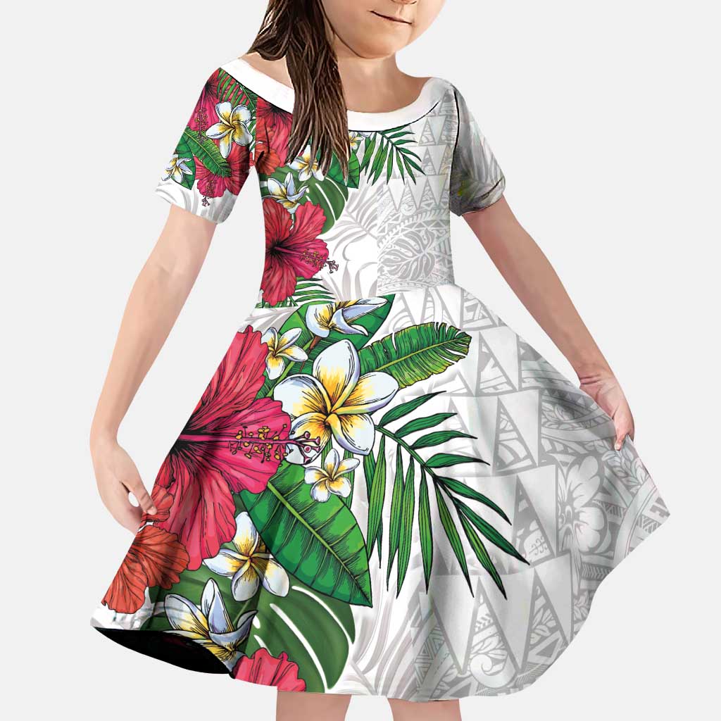Hawaiian Tropical Plants Family Matching Tank Maxi Dress and Hawaiian Shirt Kakau Tattoo and Polynesian Pattern Half White Color