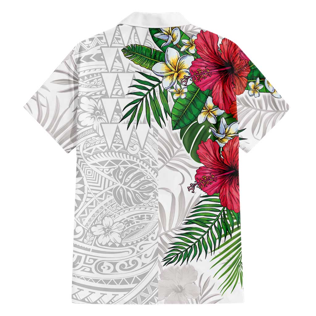 Hawaiian Tropical Plants Family Matching Tank Maxi Dress and Hawaiian Shirt Kakau Tattoo and Polynesian Pattern Half White Color
