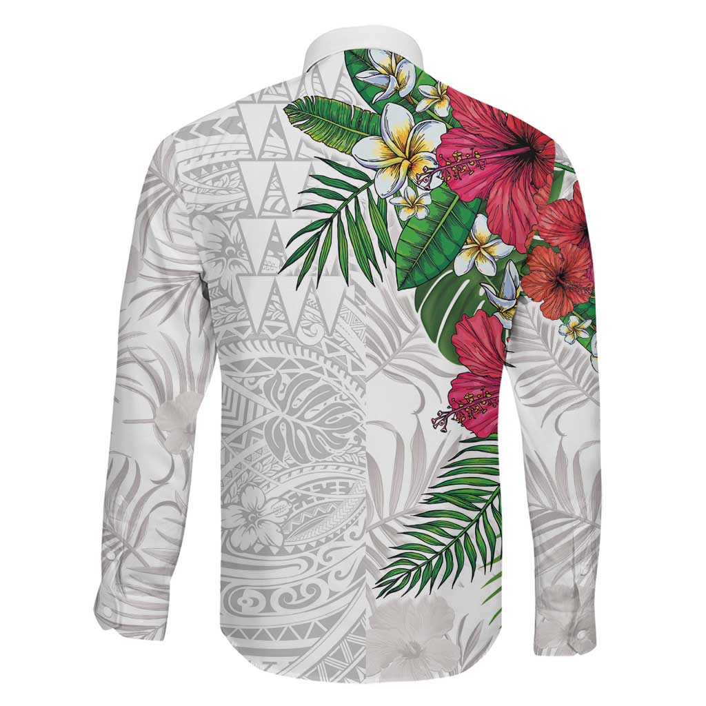 Hawaiian Tropical Plants Family Matching Tank Maxi Dress and Hawaiian Shirt Kakau Tattoo and Polynesian Pattern Half White Color