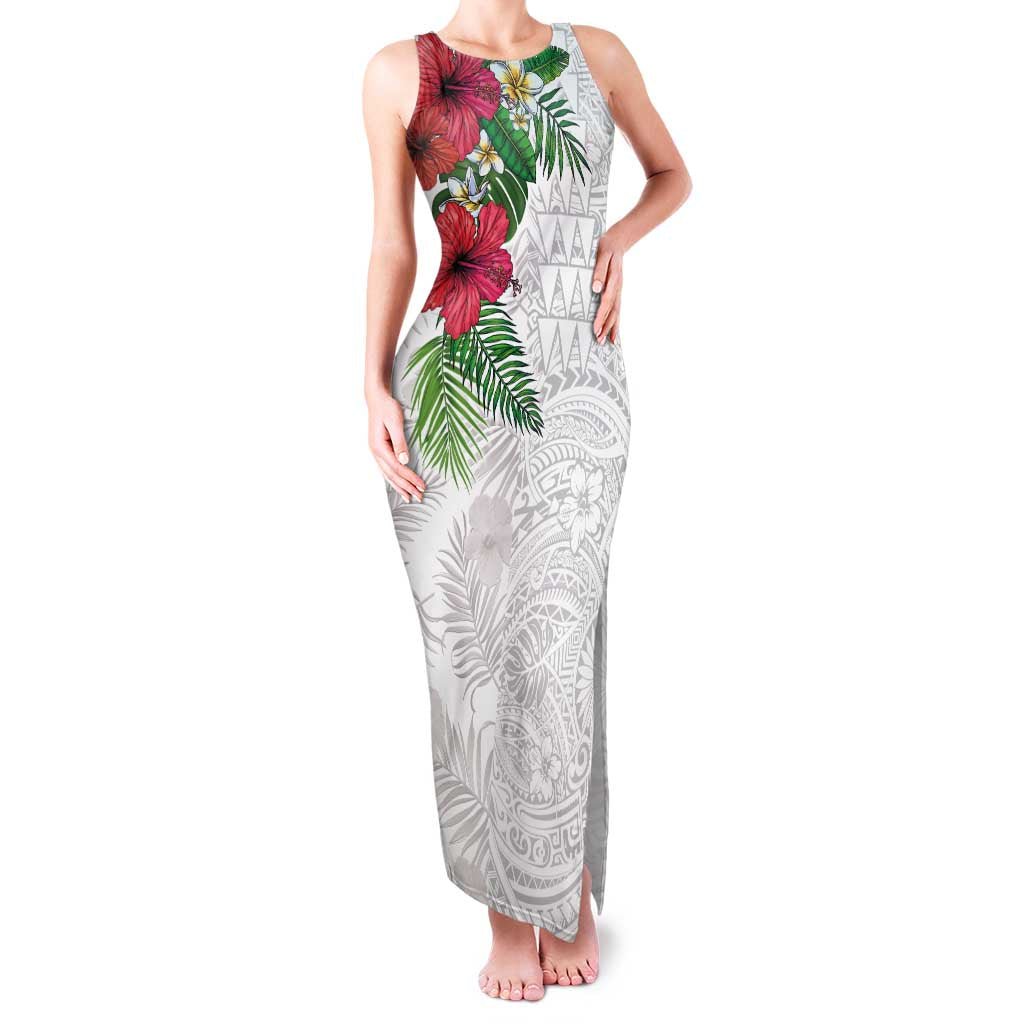 Hawaiian Tropical Plants Family Matching Tank Maxi Dress and Hawaiian Shirt Kakau Tattoo and Polynesian Pattern Half White Color