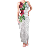 Hawaiian Tropical Plants Family Matching Tank Maxi Dress and Hawaiian Shirt Kakau Tattoo and Polynesian Pattern Half White Color