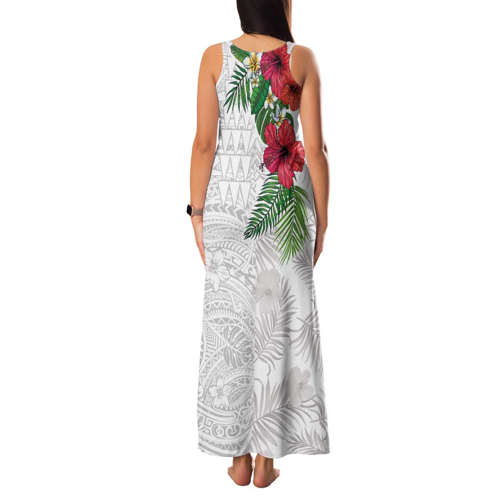 Hawaiian Tropical Plants Family Matching Tank Maxi Dress and Hawaiian Shirt Kakau Tattoo and Polynesian Pattern Half White Color