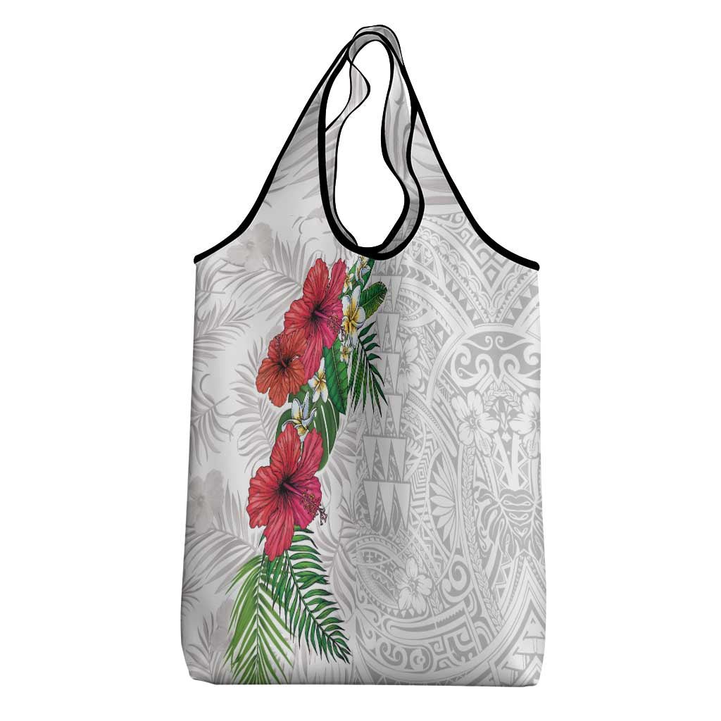 Hawaiian Tropical Plants Grocery Bag Kakau Tattoo and Polynesian Pattern Half White Color