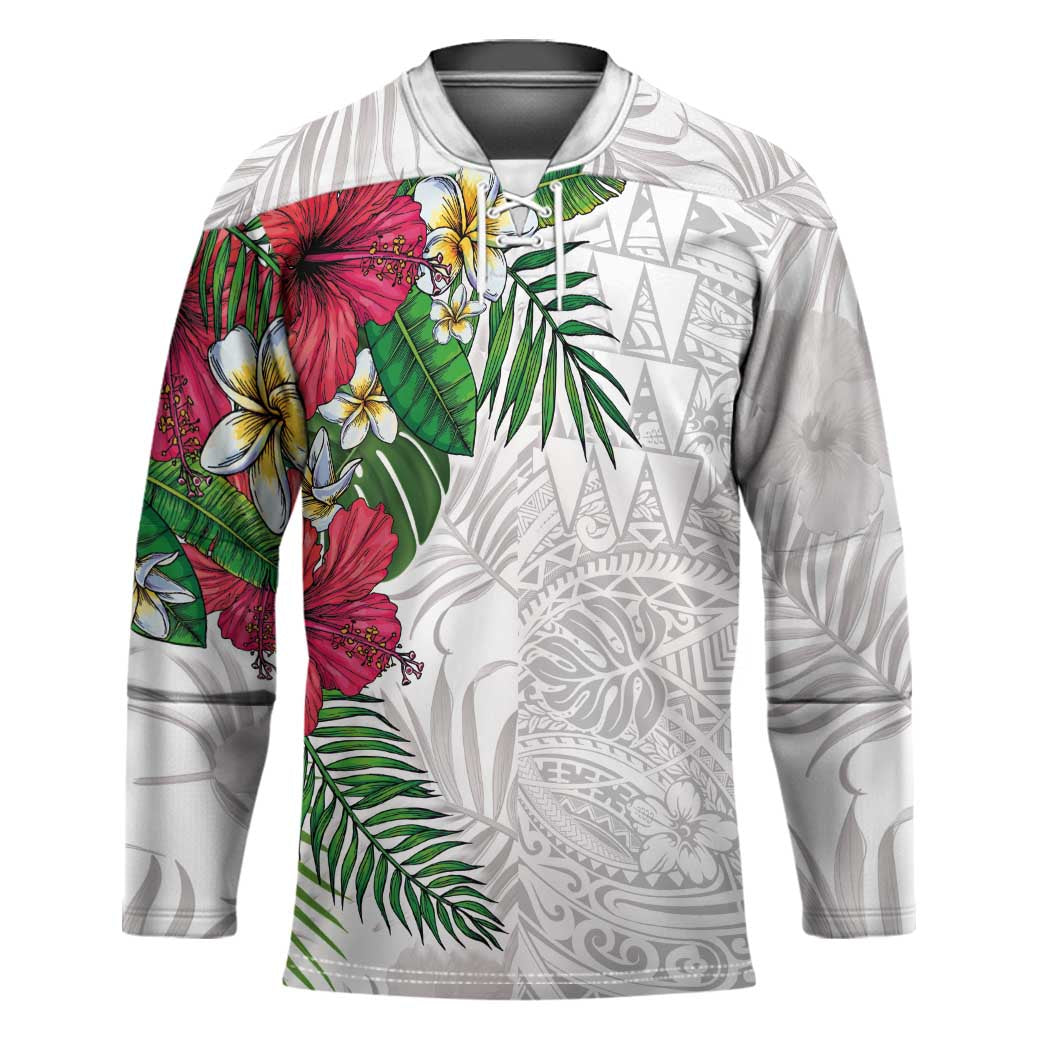 Hawaiian Tropical Plants Hockey Jersey Kakau Tattoo and Polynesian Pattern Half White Color