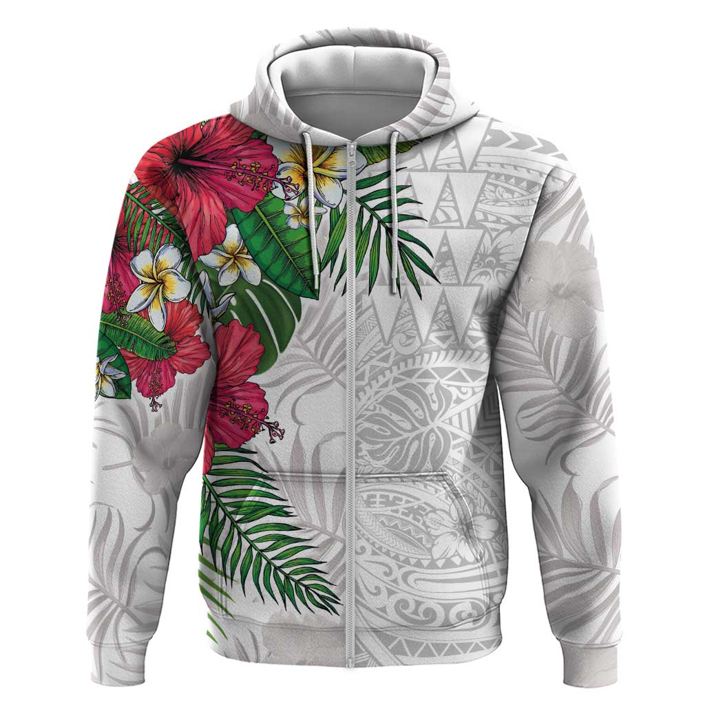 Hawaiian Tropical Plants Hoodie Kakau Tattoo and Polynesian Pattern Half White Color LT03 Zip Hoodie White - Polynesian Pride