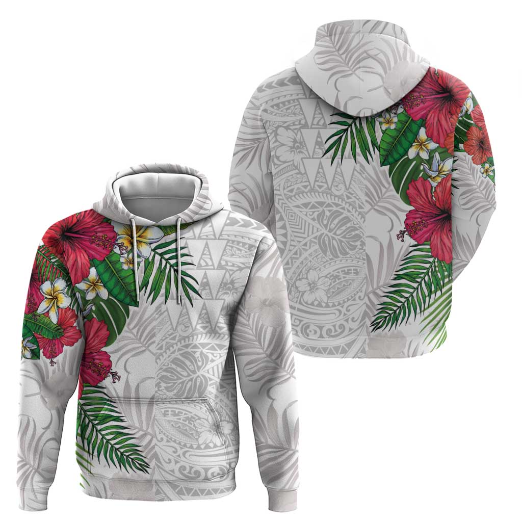 Hawaiian Tropical Plants Hoodie Kakau Tattoo and Polynesian Pattern Half White Color LT03 - Polynesian Pride
