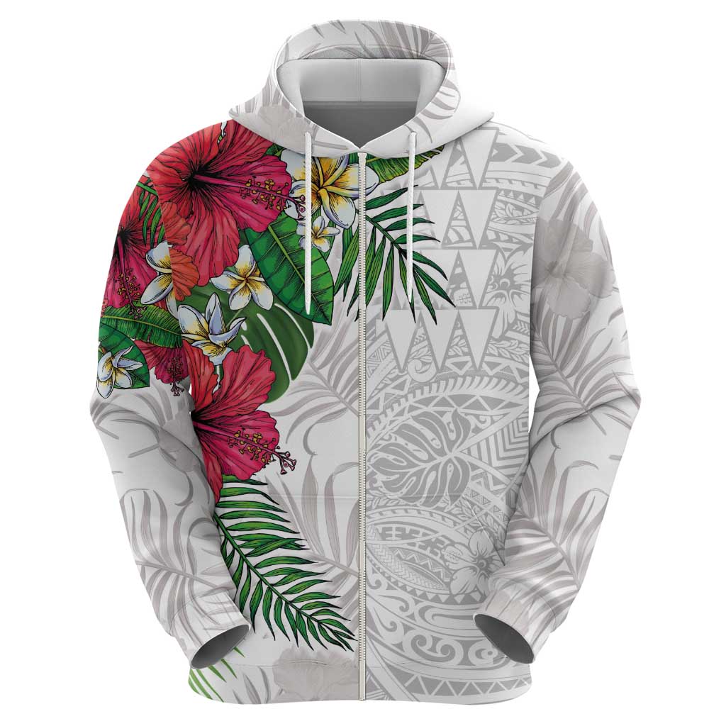 Hawaiian Tropical Plants Hoodie Kakau Tattoo and Polynesian Pattern Half White Color LT03 - Polynesian Pride