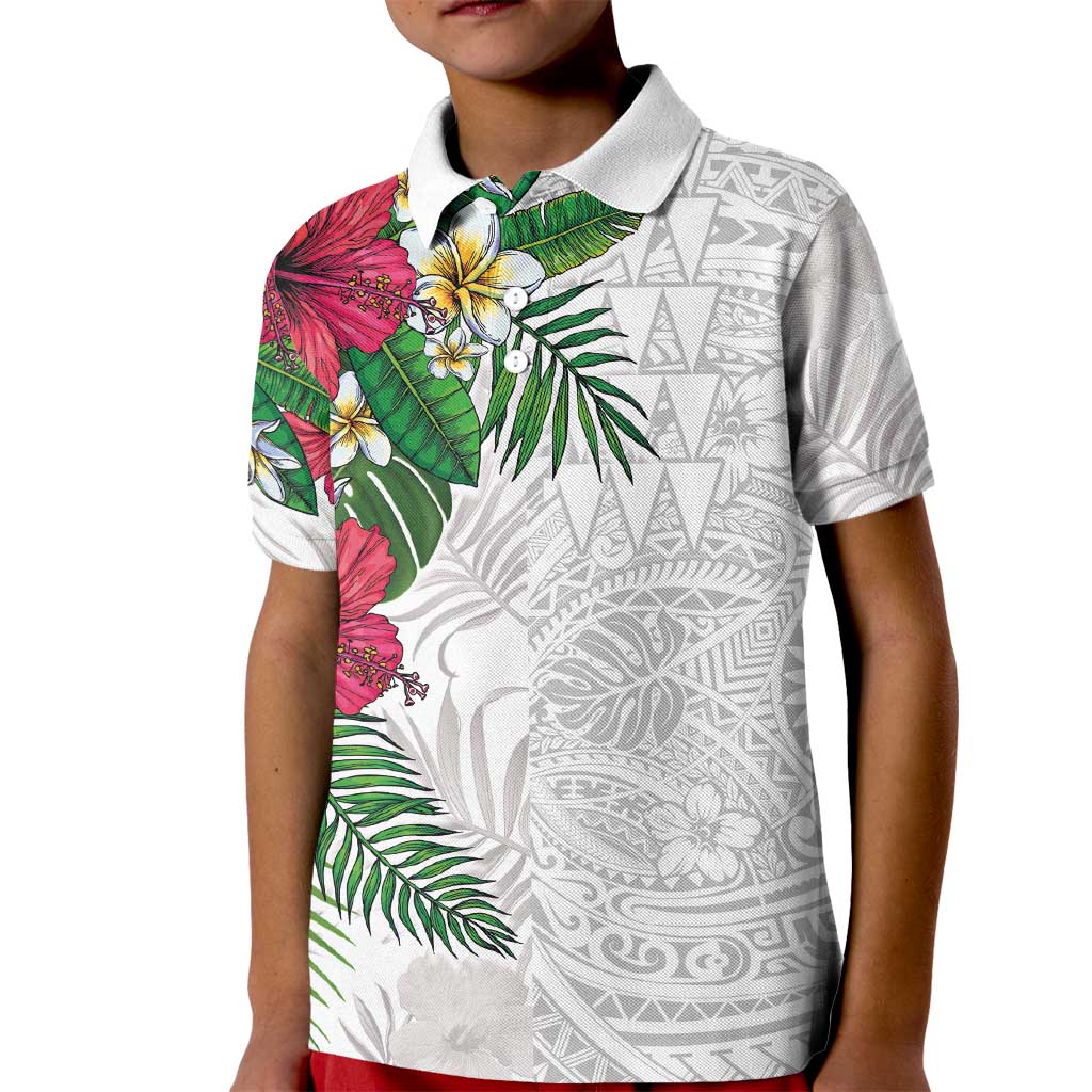 Hawaiian Tropical Plants Kid Polo Shirt Kakau Tattoo and Polynesian Pattern Half White Color LT03 Kid White - Polynesian Pride