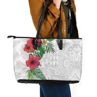 Hawaiian Tropical Plants Leather Tote Bag Kakau Tattoo and Polynesian Pattern Half White Color LT03 - Polynesian Pride