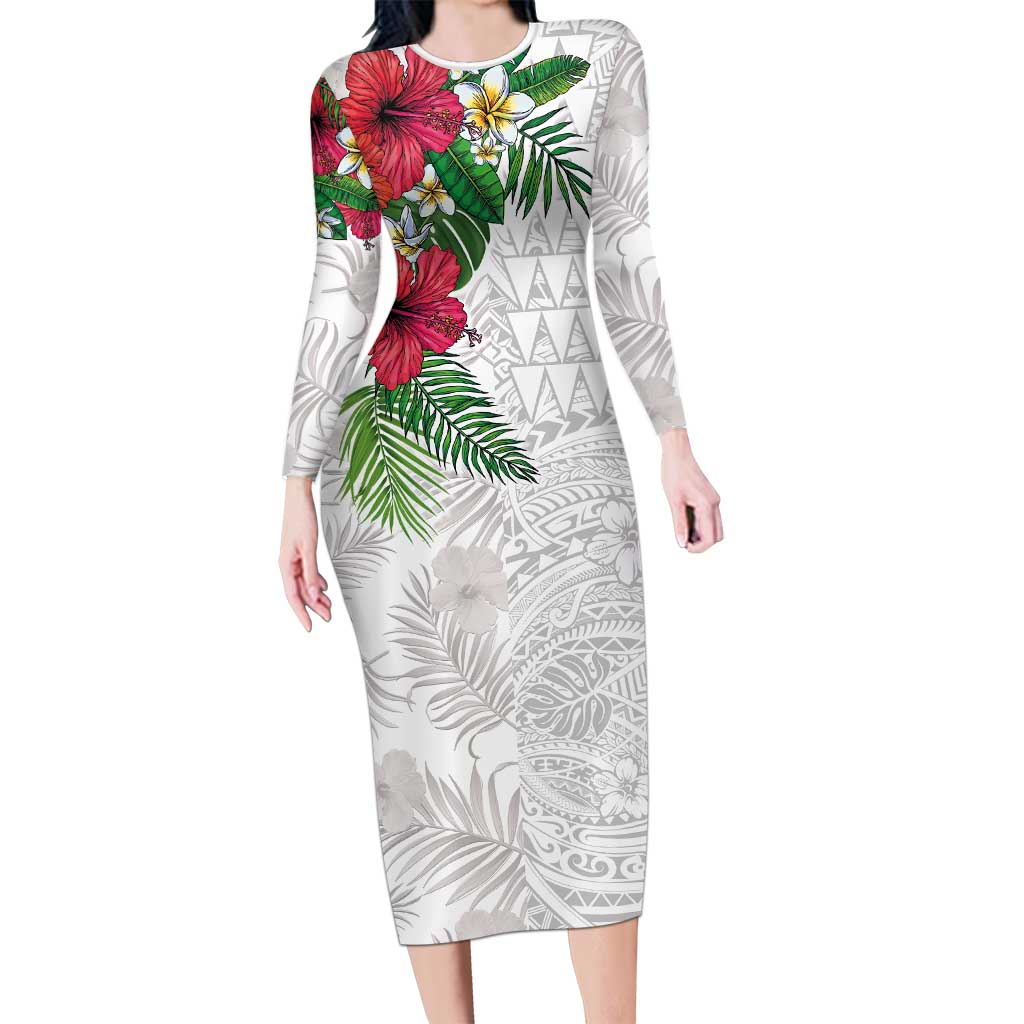 Hawaiian Tropical Plants Long Sleeve Bodycon Dress Kakau Tattoo and Polynesian Pattern Half White Color