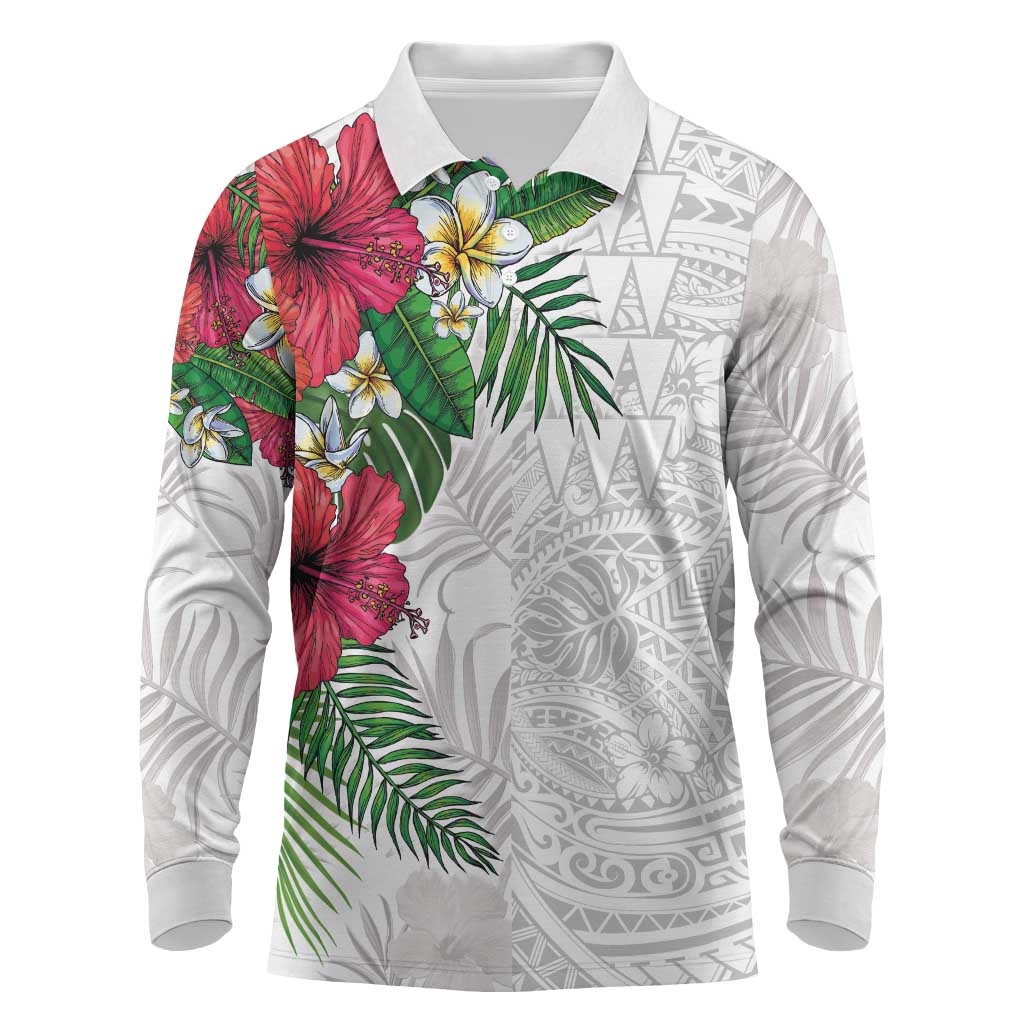 Hawaiian Tropical Plants Long Sleeve Polo Shirt Kakau Tattoo and Polynesian Pattern Half White Color