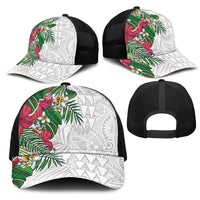 Hawaiian Tropical Plants Mesh Trucker Cap Kakau Tattoo and Polynesian Pattern Half Black White