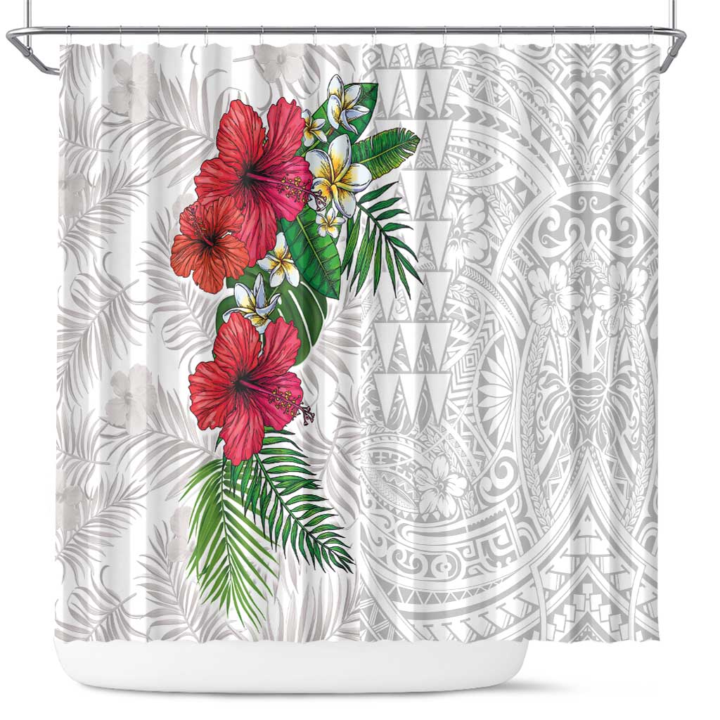 Hawaiian Tropical Plants Shower Curtain Kakau Tattoo and Polynesian Pattern Half White Color