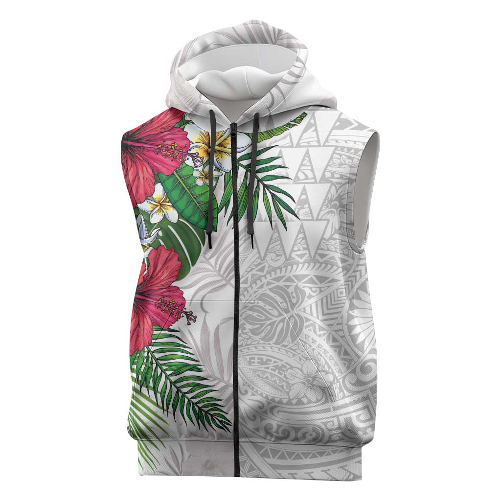 Hawaiian Tropical Plants Sleeveless Zip Hoodie Kakau Tattoo and Polynesian Pattern Half White Color