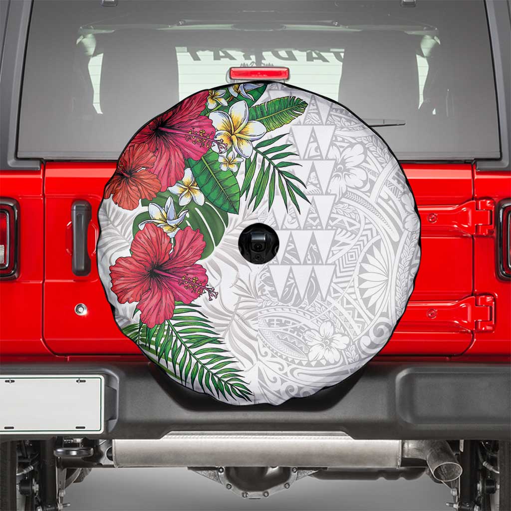 Hawaiian Tropical Plants Spare Tire Cover Kakau Tattoo and Polynesian Pattern Half White Color