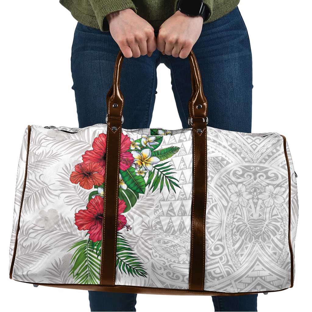 Hawaiian Tropical Plants Travel Bag Kakau Tattoo and Polynesian Pattern Half White Color LT03 White - Polynesian Pride