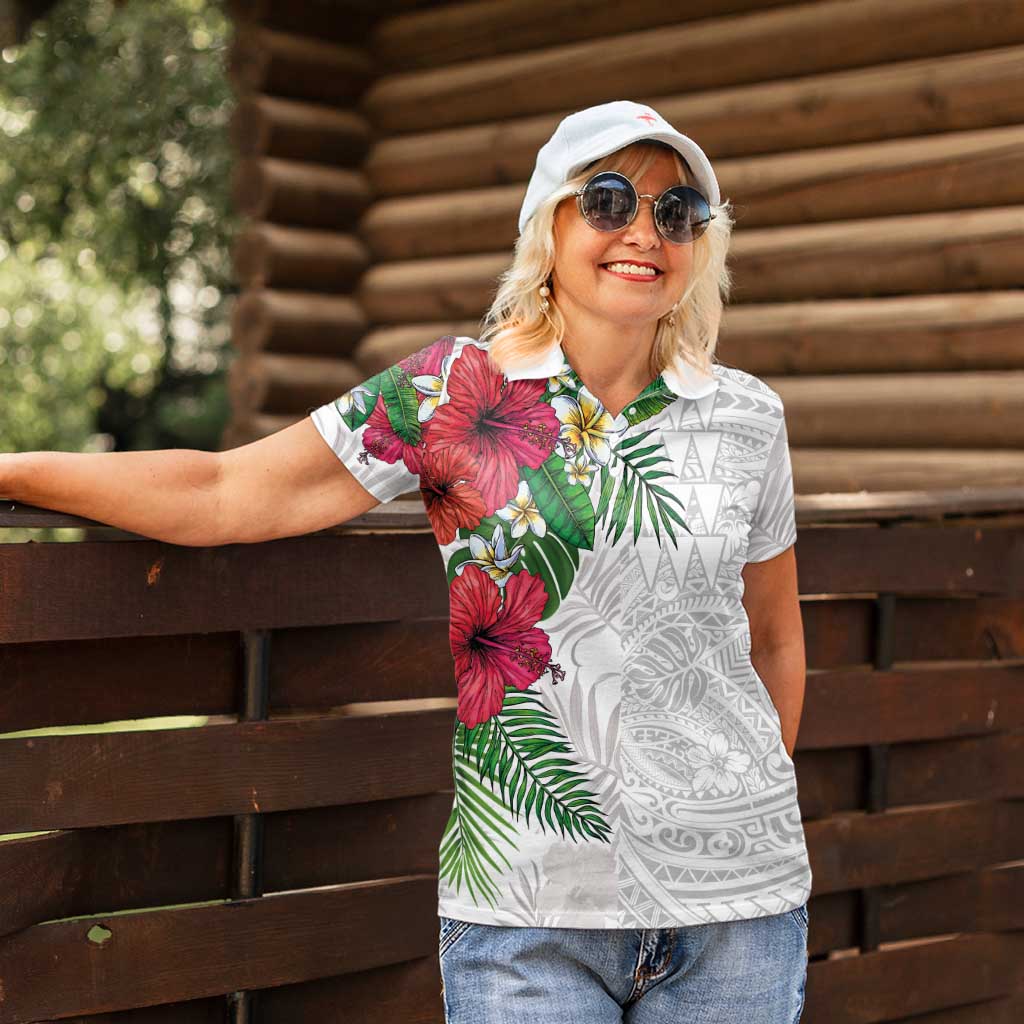 Hawaiian Tropical Plants Women Polo Shirt Kakau Tattoo and Polynesian Pattern Half White Color