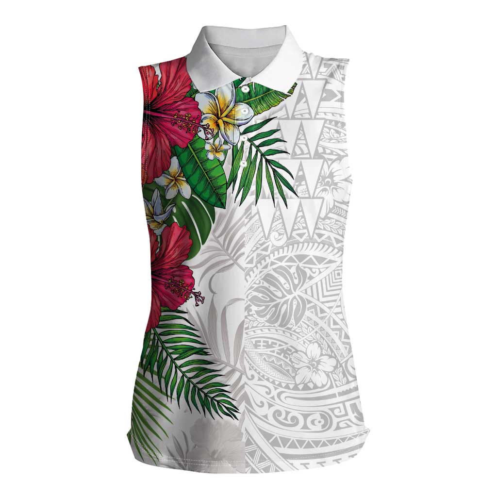 Hawaiian Tropical Plants Women Sleeveless Polo Shirt Kakau Tattoo and Polynesian Pattern Half White Color