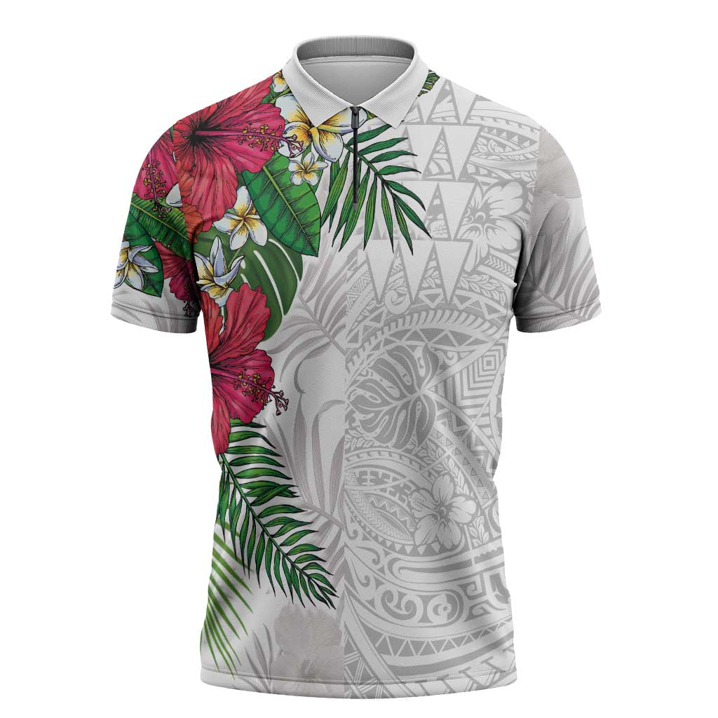 Hawaiian Tropical Plants Zipper Polo Shirt Kakau Tattoo and Polynesian Pattern Half White Color