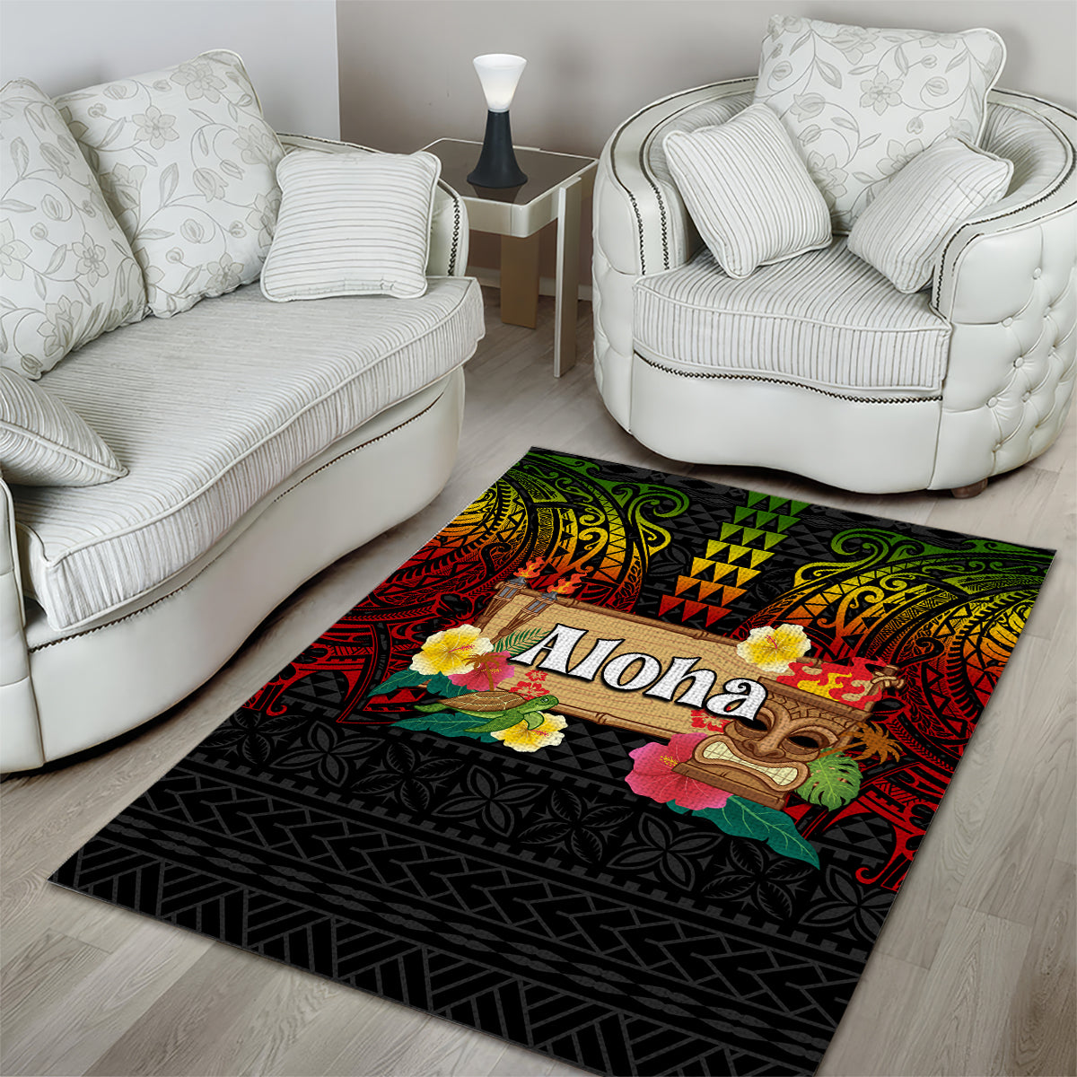 Hawaiian Elements and Polynesian Tattoo Area Rug