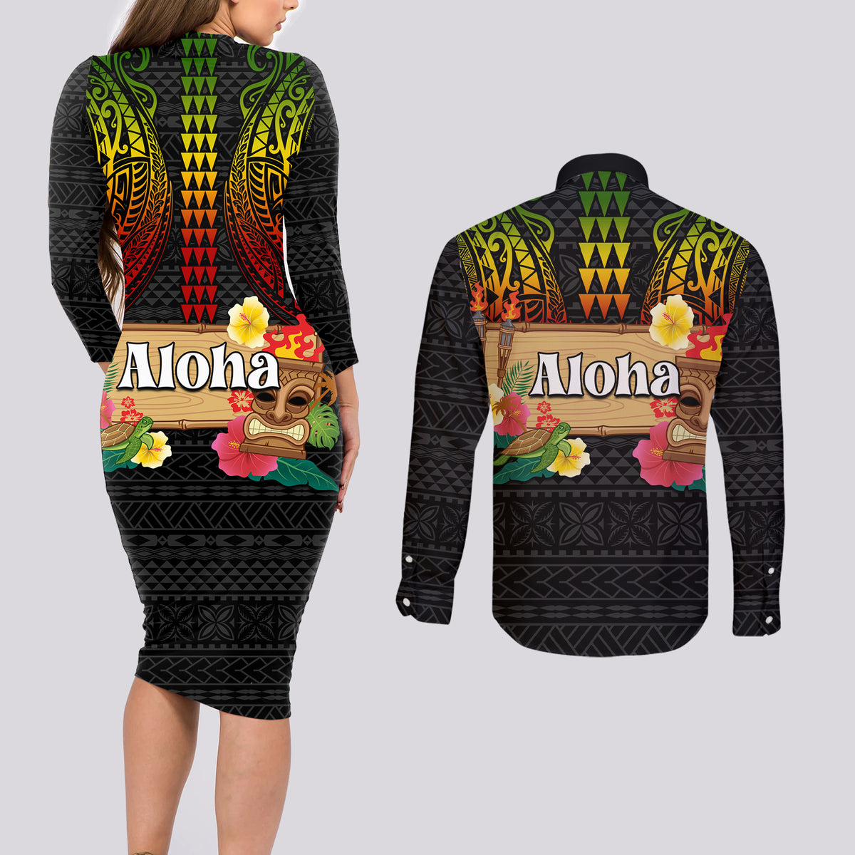 Hawaii Pan-Pacific Festival Couples Matching Long Sleeve Bodycon Dress and Long Sleeve Button Shirt Hawaiian Elements and Polynesian Tattoo
