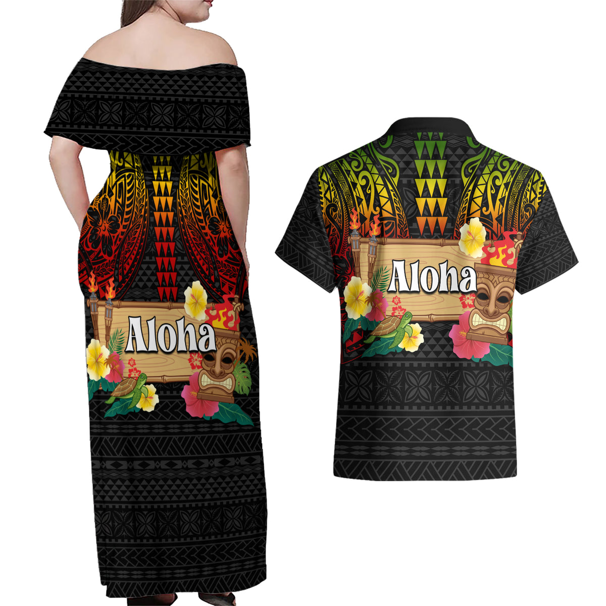 Hawaii Pan-Pacific Festival Couples Matching Off Shoulder Maxi Dress and Hawaiian Shirt Hawaiian Elements and Polynesian Tattoo