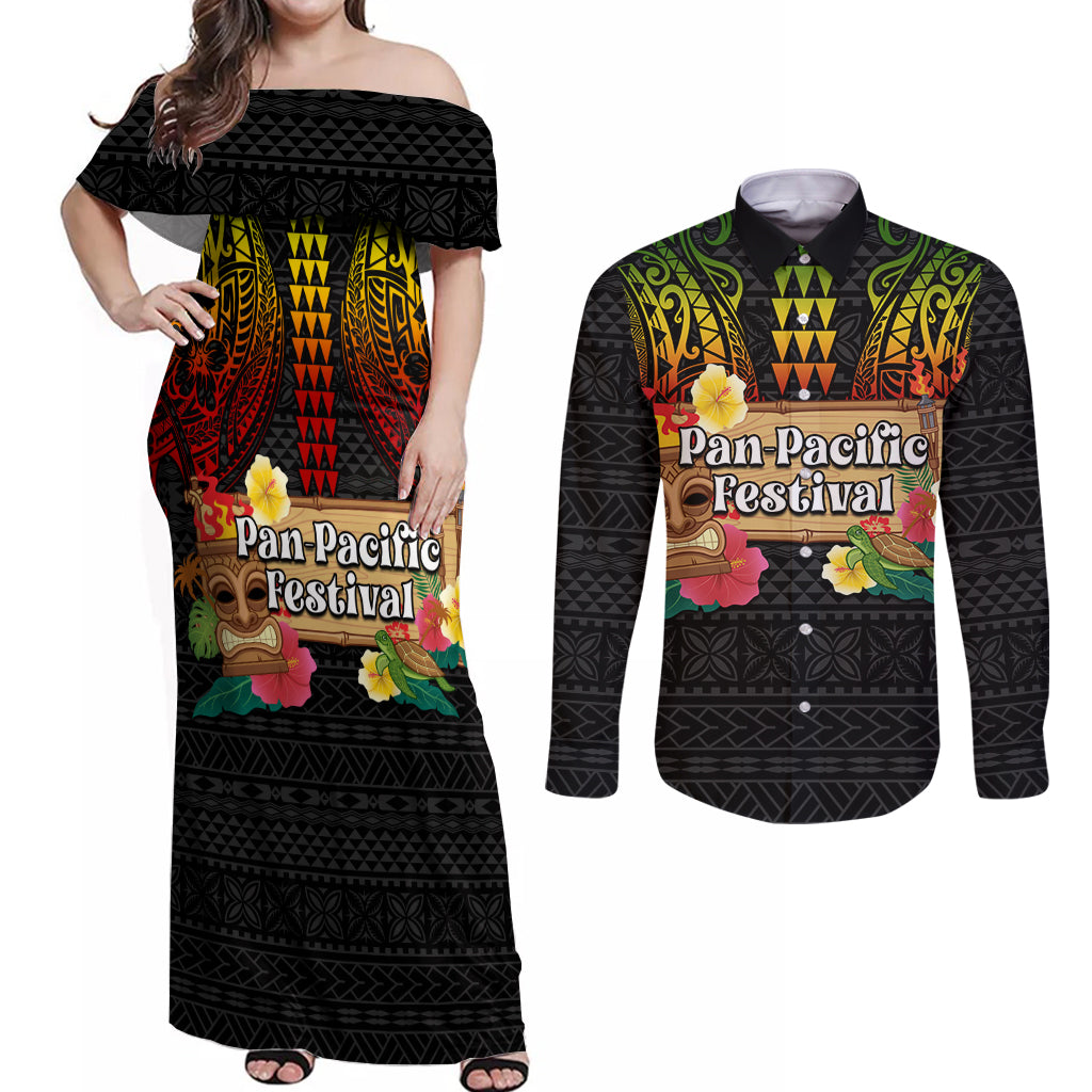 Hawaii Pan-Pacific Festival Couples Matching Off Shoulder Maxi Dress and Long Sleeve Button Shirt Hawaiian Elements and Polynesian Tattoo
