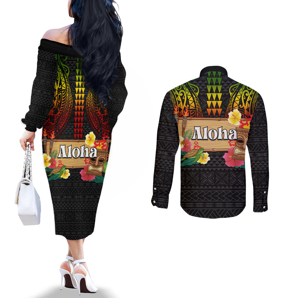 Hawaii Pan-Pacific Festival Couples Matching Off The Shoulder Long Sleeve Dress and Long Sleeve Button Shirt Hawaiian Elements and Polynesian Tattoo