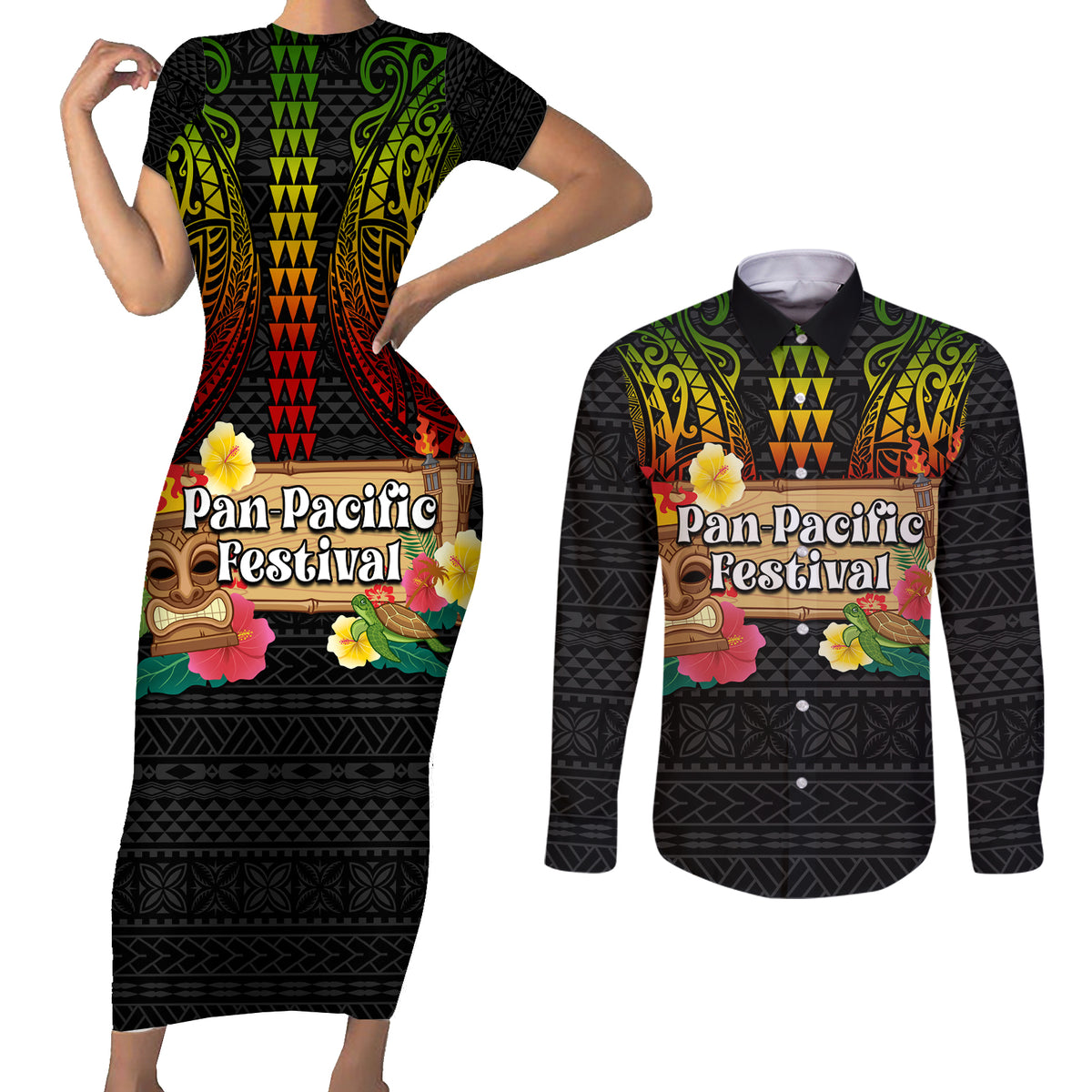 Hawaii Pan-Pacific Festival Couples Matching Short Sleeve Bodycon Dress and Long Sleeve Button Shirt Hawaiian Elements and Polynesian Tattoo