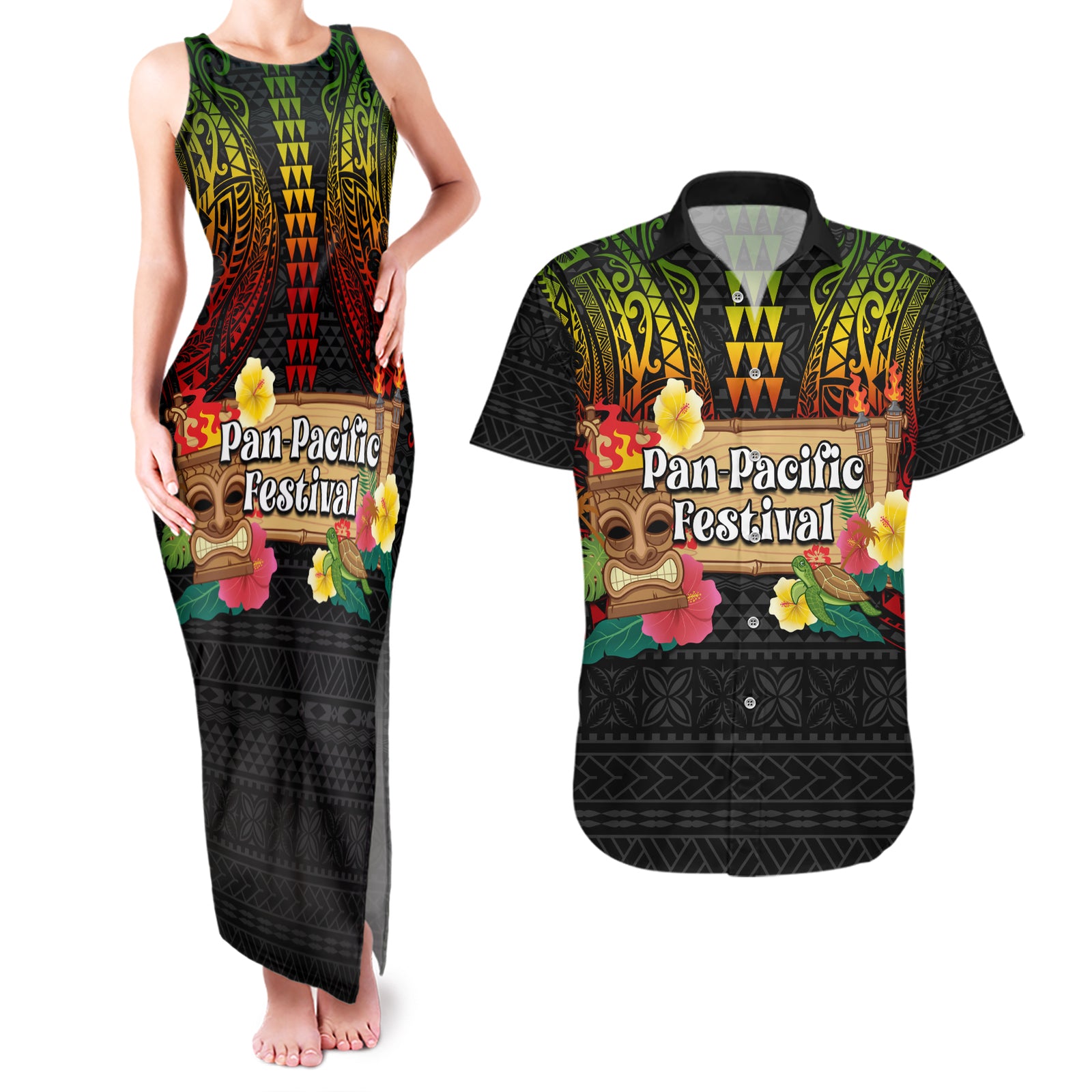 Hawaii Pan-Pacific Festival Couples Matching Tank Maxi Dress and Hawaiian Shirt Hawaiian Elements and Polynesian Tattoo