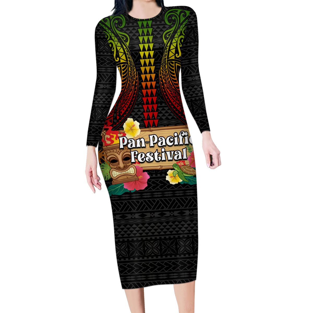 Hawaii Pan-Pacific Festival Family Matching Long Sleeve Bodycon Dress and Hawaiian Shirt Hawaiian Elements and Polynesian Tattoo