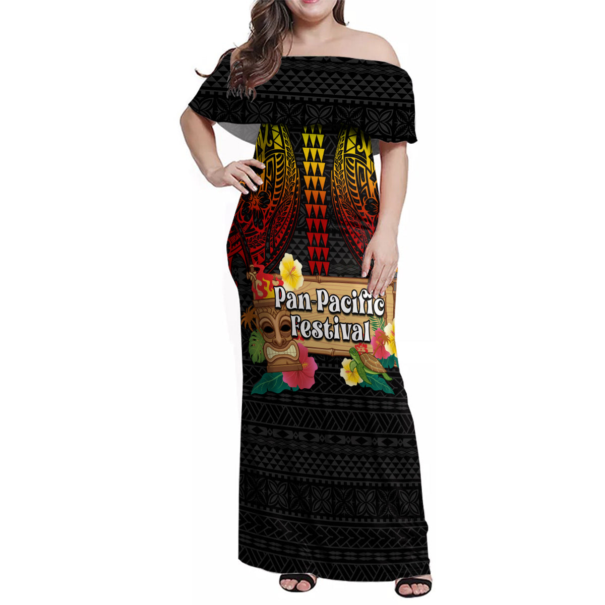 Hawaii Pan-Pacific Festival Family Matching Off Shoulder Maxi Dress and Hawaiian Shirt Hawaiian Elements and Polynesian Tattoo