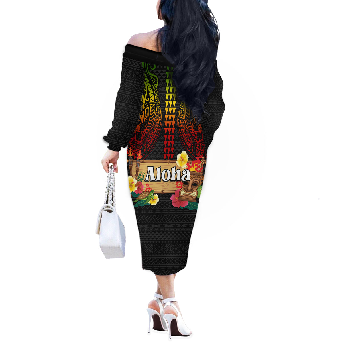 Hawaiian Elements and Polynesian Tattoo Off The Shoulder Long Sleeve Dress LT03 - Polynesian Pride