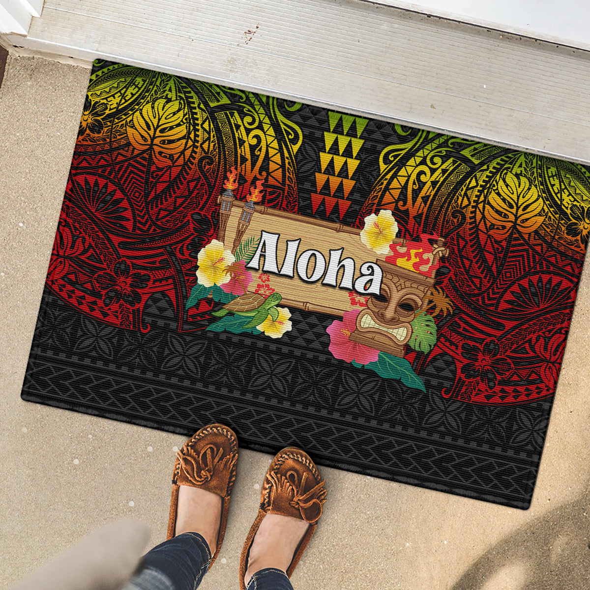 Hawaiian Elements and Polynesian Tattoo Rubber Doormat