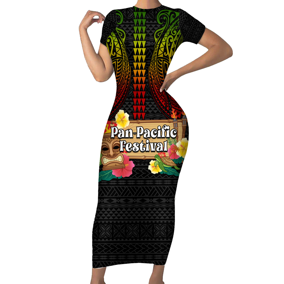 Hawaii Pan-Pacific Festival Short Sleeve Bodycon Dress Hawaiian Elements and Polynesian Tattoo