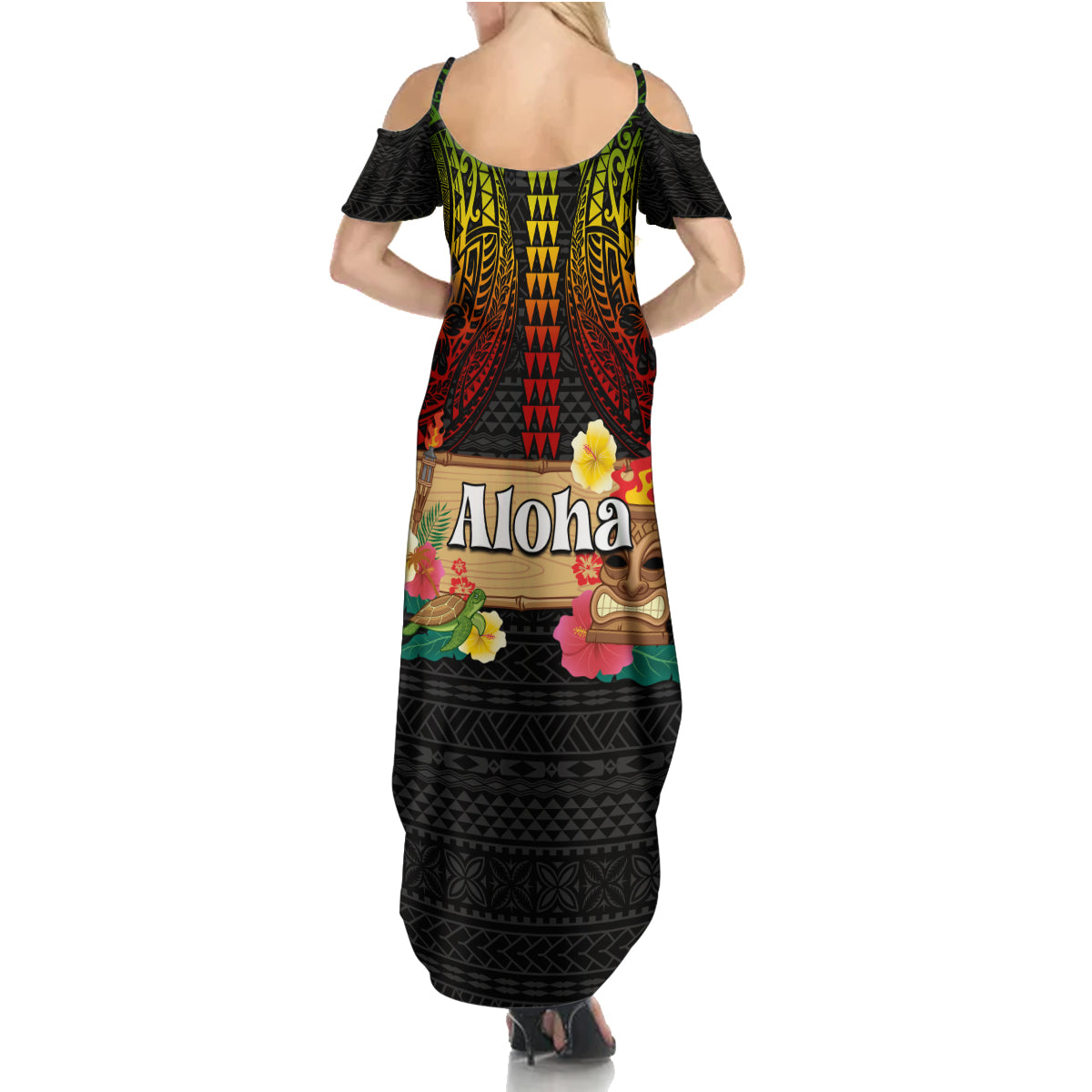 Hawaii Pan-Pacific Festival Summer Maxi Dress Hawaiian Elements and Polynesian Tattoo