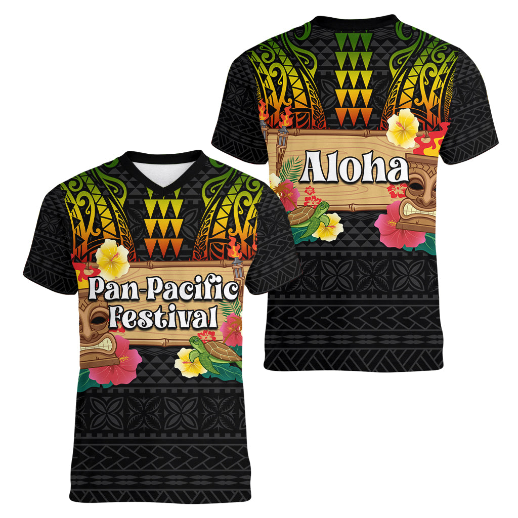 Hawaii Pan-Pacific Festival Women V Neck T Shirt Hawaiian Elements and Polynesian Tattoo