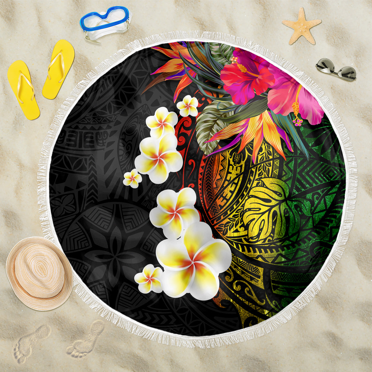 Hawaii Plumeria Beach Blanket Polynesian Tattoo and Hibiscus