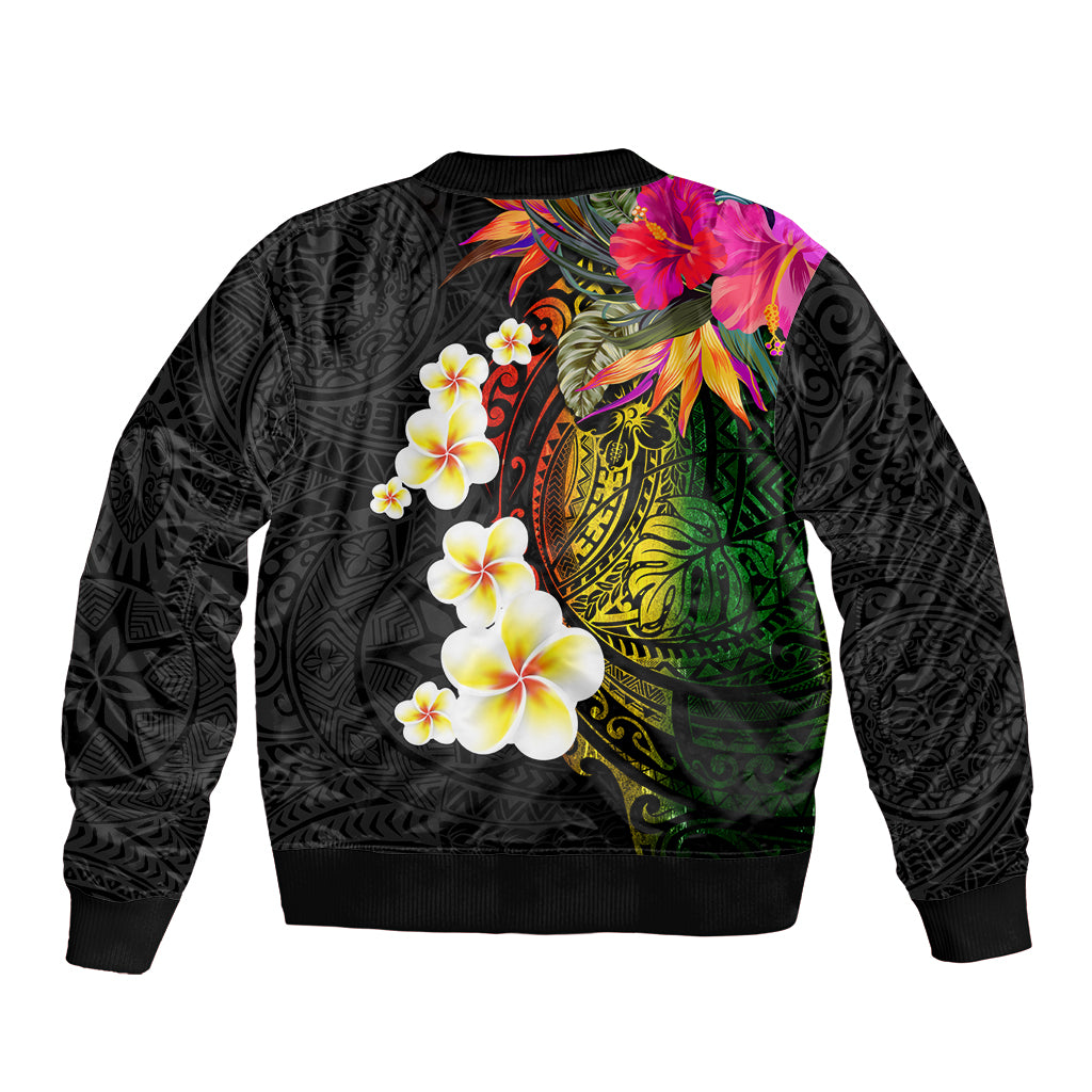 Hawaii Plumeria Bomber Jacket Polynesian Tattoo and Hibiscus