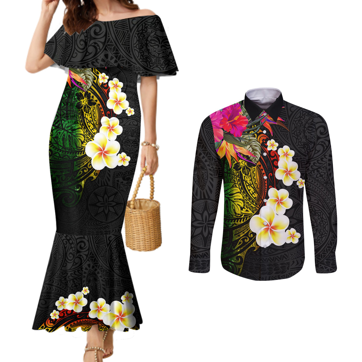 Hawaii Plumeria Couples Matching Mermaid Dress and Long Sleeve Button Shirt Polynesian Tattoo and Hibiscus