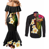 Hawaii Plumeria Couples Matching Mermaid Dress and Long Sleeve Button Shirt Polynesian Tattoo and Hibiscus