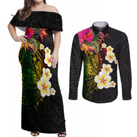 Hawaii Plumeria Couples Matching Off Shoulder Maxi Dress and Long Sleeve Button Shirt Polynesian Tattoo and Hibiscus