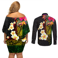 Hawaii Plumeria Couples Matching Off Shoulder Short Dress and Long Sleeve Button Shirt Polynesian Tattoo and Hibiscus