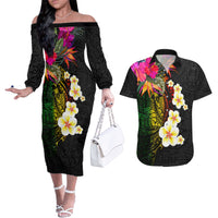 Hawaii Plumeria Couples Matching Off The Shoulder Long Sleeve Dress and Hawaiian Shirt Polynesian Tattoo and Hibiscus